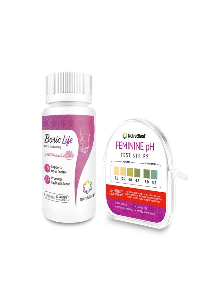 NutraBlast Boric Acid Vaginal Suppositories 600mg (30 Count) Bundle with Feminine pH Test Strips 3.0-5.5 (100 Tests Roll) | Monitor Intimate Health | Accurate Women’s Acidity & Alkalinity - Image 1